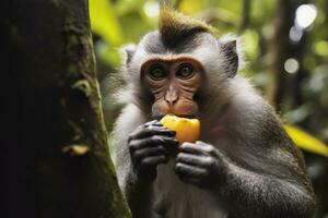 dichtbij omhoog van aap aan het eten fruit in de oerwoud. generatief ai foto