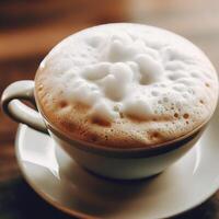 schuimend cappuccino Aan hout tafel. ai generatief foto