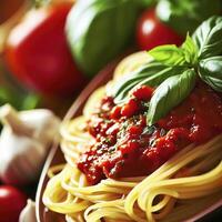 spaghetti saus met pasta, basilicum bladeren, knoflook en vers tomaten met extreem Ondiep diepte van veld. ai generatief foto