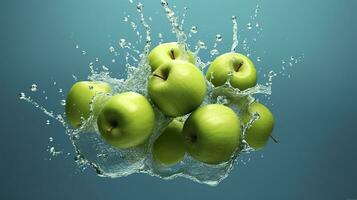vers groen appels vallen in de water met een plons Aan blauw achtergrond. generatief ai foto