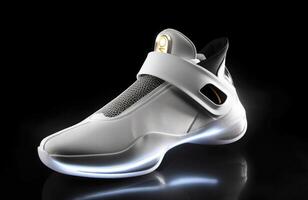 futuristische mode origineel sportschoenen. toekomst ontwerp van elegant sport- schoenen met neon gloed, futuristische stedelijk esthetiek. sportkleding, stijl en mode, morgen schoenen. ai generatief foto