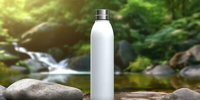 wit blanco fles mockup met natuurlijk thema achtergrond. ai generatief foto