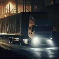 nacht wit vrachtvervoer levert lading naar staal magazijn. ai generatief foto