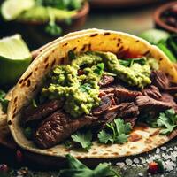 gegrild rundvlees taco met guacamole en koriander. ai generatief foto