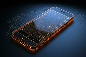 3d realistisch smartphone, modern slim telefoon leugens Aan een glad donker blauw oppervlakte foto