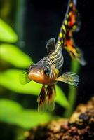 in de aquarium met planten en stenen. de stekelstaart heeft een verscheidenheid van kleur variëteiten inclusief rood, oranje, geel, blauw en groente. ai generatief foto