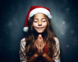 een de kerstman claus gekleed meisje Holding omhoog hun handen voor Kerstmis de kerstman claus, Kerstmis afbeelding, fotorealistisch illustratie foto