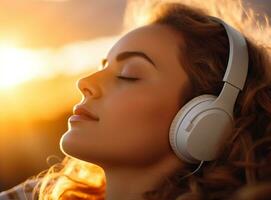 een detailopname van een dames gezicht net zo ze luistert naar muziek, mentaal Gezondheid afbeeldingen, fotorealistisch illustratie foto