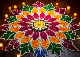 een rangoli decoratief patroon gemaakt van gekleurde rijst, diwali voorraad afbeeldingen, tekenfilm illustratie kunst foto