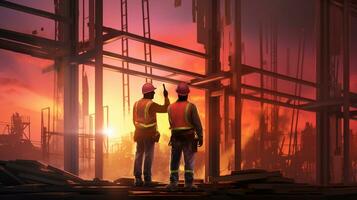 twee bouw arbeiders staand door een groot gebouw Bij zonsondergang, industrieel machinerie voorraad foto's foto