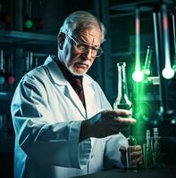 een wetenschapper in een wit jas staat in een donker laboratorium, medisch voorraad afbeeldingen foto