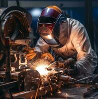 een arbeider is lassen een machine, industrieel machinerie voorraad foto's foto