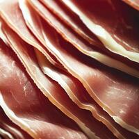 detailopname van dun plakjes van prosciutto. Italiaans voedsel. ai generatief foto