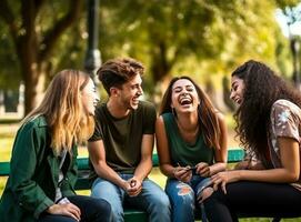 een groep van vrienden zittend Aan een bank in de park lachend en praten, mentaal Gezondheid afbeeldingen, fotorealistisch illustratie foto