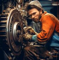 industrieel arbeider is werken Aan de machine in de fabriek, industrieel machinerie voorraad foto's foto