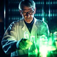 een wetenschapper in een wit jas staat in een donker laboratorium, medisch voorraad afbeeldingen foto