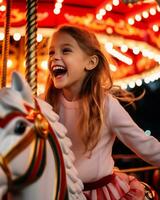 een dichtbij omhoog portret van een jong meisje rijden een snoep riet carrousel, Kerstmis afbeelding, fotorealistisch illustratie foto