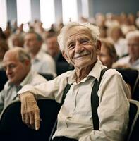 een ouderen Mens poseren en glimlachen Bij een conferentie, baas dag afbeeldingen foto