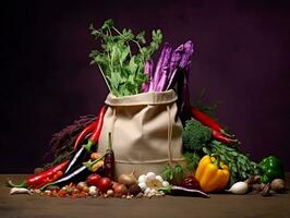 een papier zak met groenten Aan bovenkant, wereld voedsel dag afbeeldingen foto
