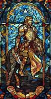 een ridder in schijnend schild. een illustratie van een mythisch oude paladin in gebrandschilderd glas Renaissance fresco stijl. ai generatief foto