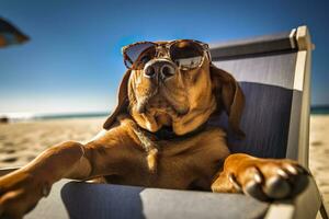 hond puppy vervelend zonnebril, aan het liegen Aan een zonnebank naar zonnebaden Bij de strand zee Aan zomer vakantie, vakantie. grappig concept. ai generatief foto