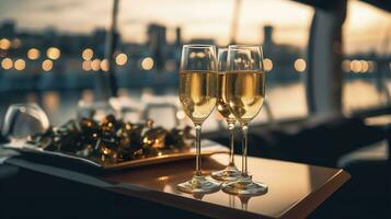 luxe avond partij Aan een cruisen jacht met een Champagne instelling. Champagne bril en flessen met Champagne met bokeh jacht in de achtergrond, niemand. ai generatief foto