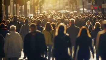 menigte van mensen wandelen bezig stad straat verlicht. generatief ai foto