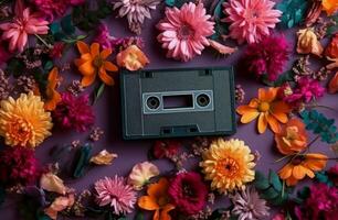 retro muziek- cassette bloemen. genereren ai foto