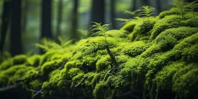 groen mos detailopname, met een backdrop van bos. Woud in de nationaal park. ai gegenereerd foto