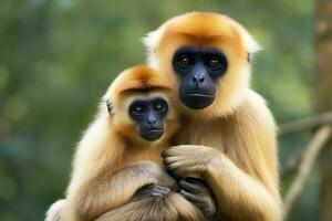 dichtbij beeld van wangedrocht gibbon aap moeder met een kind in de Woud. generatief ai foto