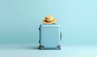 blauw koffer met zonnebril Aan een pastel blauw achtergrond. reizen concept. generatief ai foto