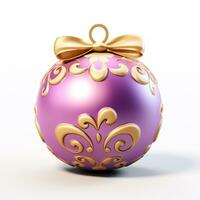 een Purper Kerstmis bal in goud Aan wit achtergrond, Kerstmis afbeelding, 3d illustratie afbeeldingen foto