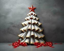 een papier Kerstmis boom gemaakt van rood linten en een goud ster, Kerstmis afbeelding, fotorealistisch illustratie foto