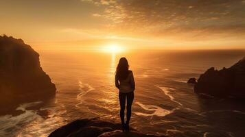 een jong vrouw staat Aan een klif met uitzicht de oceaan, mentaal Gezondheid afbeeldingen, fotorealistisch illustratie foto