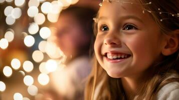 een dichtbij omhoog van een jong meisjes gezicht, Kerstmis afbeelding, fotorealistisch illustratie foto