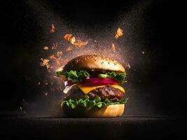 sappig rundvlees hamburger Aan een houten bord geïsoleerd Aan zwart achtergrond ai gegenereerd foto