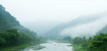 kreek tussen valleien midden- rivier- natuur in een mistig Woud 3d illustratie foto