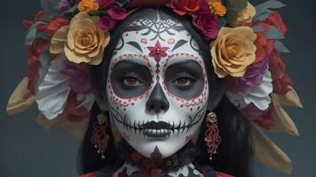 Catrina geïnspireerd bedenken siert vrouw temidden van dag van de dood festiviteiten ai gegenereerd foto