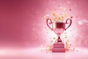 generatief ai, winnaar trofee met vlammen, roze gouden kampioen kop met vallend confetti Aan roze achtergrond foto