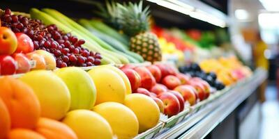 generatief ai, supermarkt fruit Aan plank foto