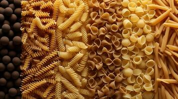 generatief ai, verscheidenheid van soorten, kleuren en vormen van Italiaans pasta, structuur achtergrond foto