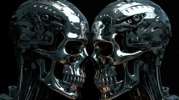 twee metalen glimmend ijzer futuristische hi-tech schedels van cyborg robots op zoek Bij elk andere Aan een zwart achtergrond. ai gegenereerd foto