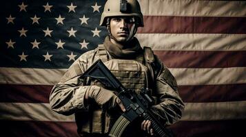 leger mannetje ons leger marinier Aan de achtergrond van de abstract sterren en strepen ons staat vlag. ai gegenereerd foto