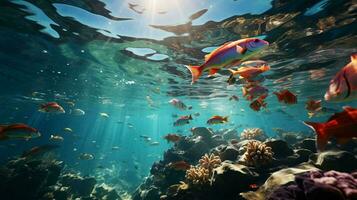 onderwater- wereld met vis en koralen. onderwater- visie van mari vissen en planten. ai gegenereerd foto