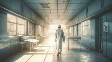 dokter medisch arbeider staat in de gang in de ziekenhuis medisch faciliteit visie van de rug. ai gegenereerd foto