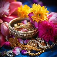 Indisch cultuur viert sieraden kettingen met bloemen en kleurrijk achtergronden foto
