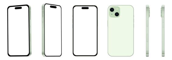 reeks van 6 items van verschillend hoeken, 15 groen smartphone modellen nieuwe, mockup voor web ontwerp Aan wit achtergrond foto