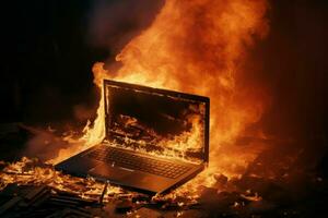 oververhit brandend laptop tafel. genereren ai foto