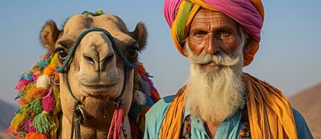 Indisch mannen Aan kamelen in woestijnen van Indië foto