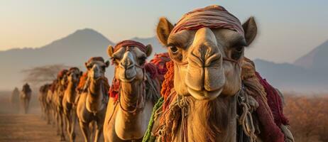 Indisch mannen Aan kamelen in woestijnen van Indië foto